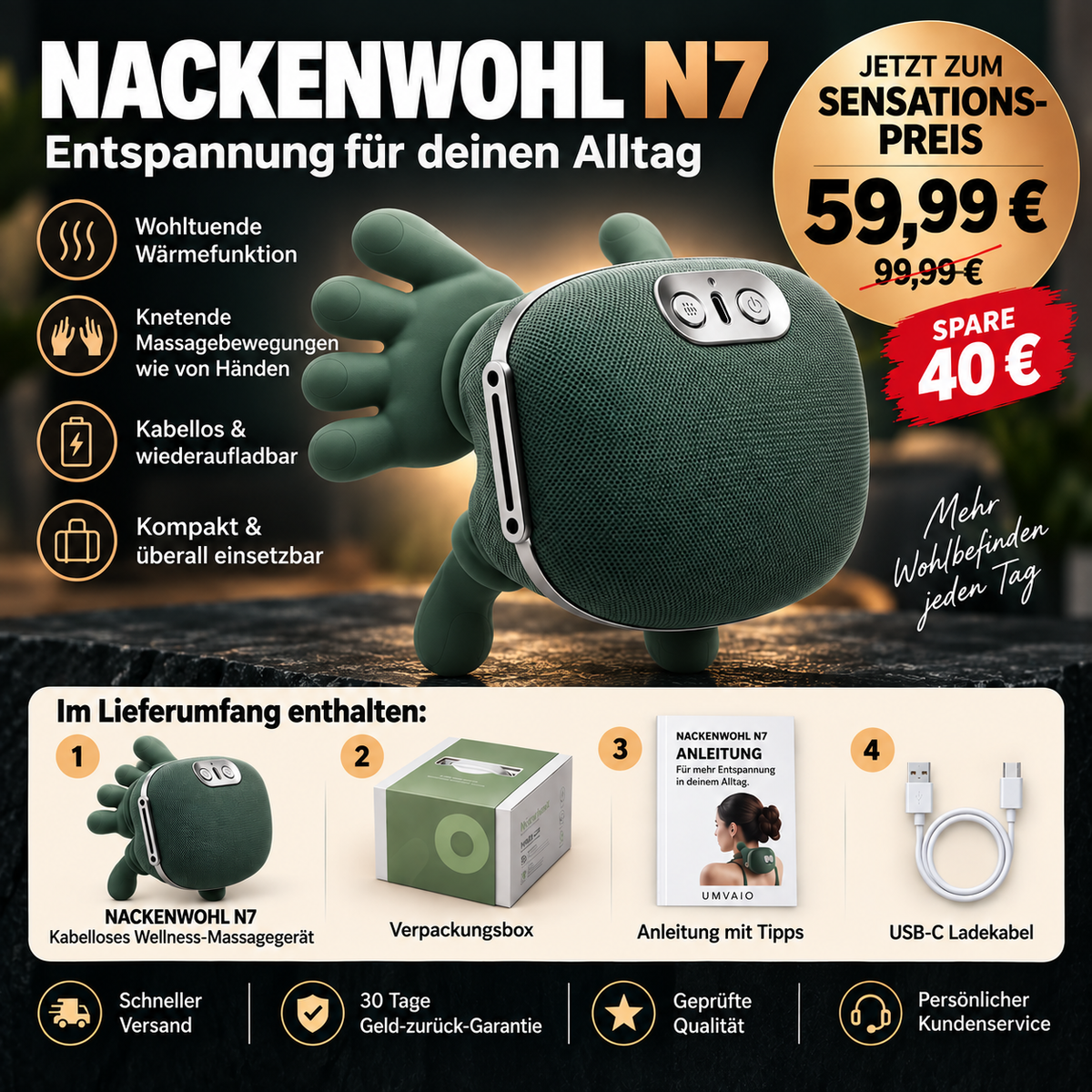 Nackenwohl N7 – Kabelloses Nacken- & Schultermassagegerät mit Wärmefunktion