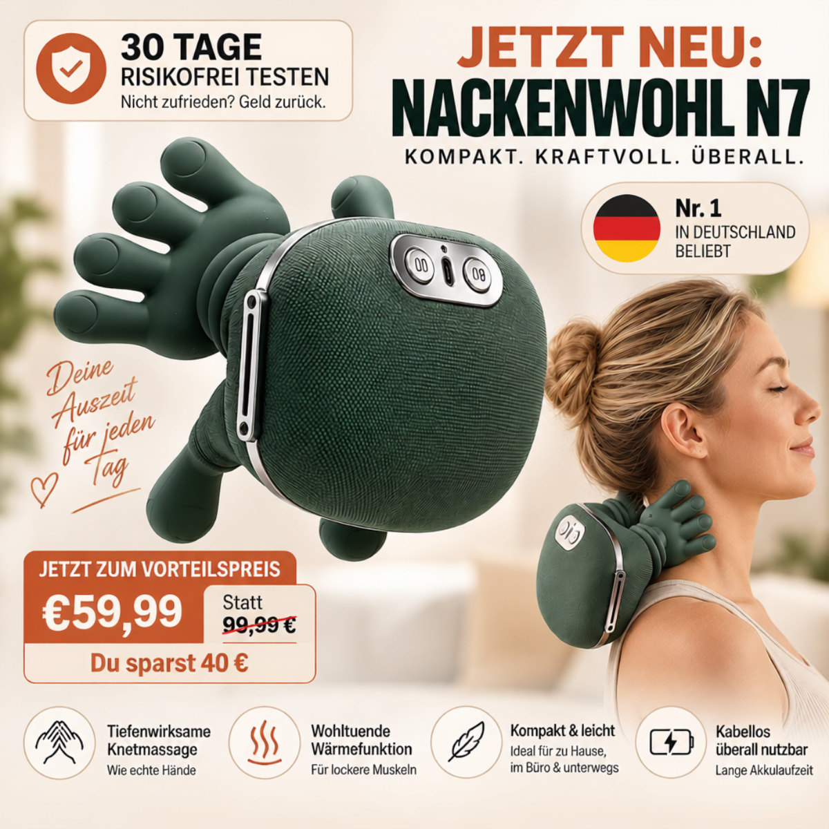 Nackenwohl N7 – Kabelloses Nacken- & Schultermassagegerät mit Wärmefunktion